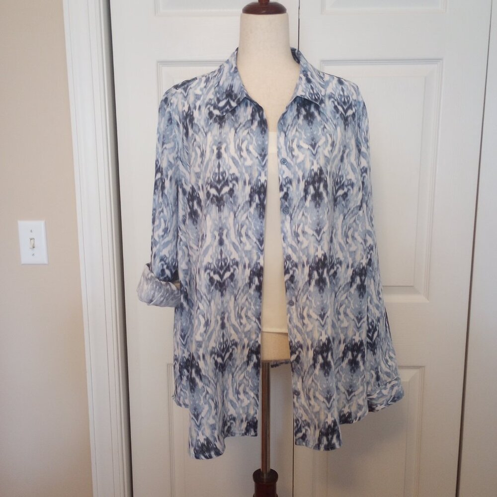 Womens Plus sz 1X Blue White Linen Blouse Button Front Collar Long Sleeve Summer